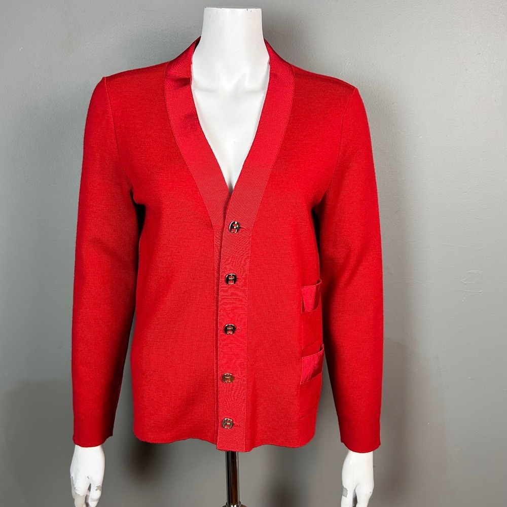 Ferragamo sweater cardigan women's Medium Red Wool Gold Buttons Italy VTG Preppy